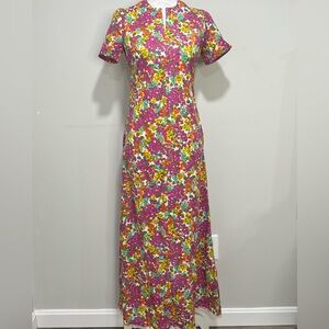 Vintage 60s/70s Vibrant Multicolor Floral Print Maxi Dress